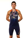 Young man athletics athetle gold medalist isolated white background