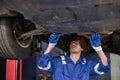 Young man auto mechanic repairman wearing eyeglasses in uniform checking car suspension repair in auto garage, service and Royalty Free Stock Photo
