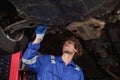 young man auto mechanic repairman wearing eyeglasses in uniform checking car suspension repair in auto garage, service and Royalty Free Stock Photo