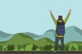 A young man, back view of backpacker with raised hands in a hilly area. Hiker, Explorer. A symbol of success. Vector