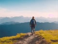 Young man with backpack hiking mountains. Travel. AI Generated