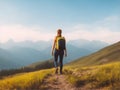 Young man with backpack hiking mountains. Travel. AI Generated