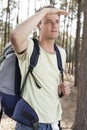 Young man with backpack shielding eyes in forest Royalty Free Stock Photo