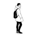 Young man with backpack standing and smiling. Side view. Monochrome vector illustration of man in warm jacket, jeans and Royalty Free Stock Photo