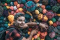 Young man with a backpack stands against a wall with multi-colored soft balls