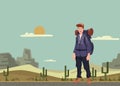 A young man, backpacker in the desert. Hiker, Explorer. Vector Illustration with copy space.