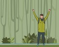 A young man, backpacker with raised hands in the jungle forest. Hiker, Explorer, mountaineer. A symbol of success