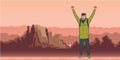 A young man, backpacker with raised hands in mountain landscape. Hiker, Explorer. A symbol of success. Vector