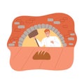 Young man baker baking bread in oven vector illustration