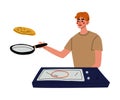 Young Man Baking Pancakes, Guy Throwing a Pancake in the Air with his Frying Pan Vector Illustration Royalty Free Stock Photo