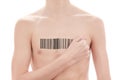 Young man with a bar code of genetic researches. Clone of DNA and human genome. Artificial intelligence. Royalty Free Stock Photo