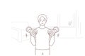 Young man with barbells train at home