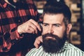 Young man in barbershop. Barber cuts the hair of client. Brutal bearded guy. Hair care service concept Royalty Free Stock Photo