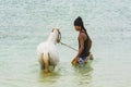 Young man bathing white horse Cape verde Royalty Free Stock Photo