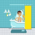 Young man in bathroom home interior with shower