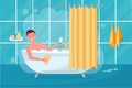 Young man in bathtub bubble foam. Bathroom home interior with bath in tile with shower curtain. Guy holding washcloth and using