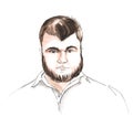 A young man with a beard and lush brown hair in a white shirt on a white background. Hand-drawn sketch watercolor illustration.