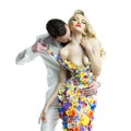 Young man and beautiful lady in flower dress