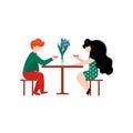 Young Man and Beautiful Woman Sitting in Cafe Drinking Wine, Romantic Couple, Happy Lovers on Date Vector Illustration Royalty Free Stock Photo