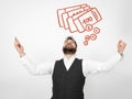 Young man with black beard is posing and looking at his smartphone in front of white background with different emotions Royalty Free Stock Photo