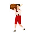 Young Man in Black Hat with Feather and Lederhosen Carrying Wooden Beer Barrel Vector Illustration