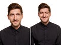 Handsome man in a black shirt makes faces, standing against a white background Royalty Free Stock Photo