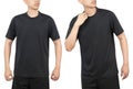 Young man in black sport t-shirt mockup front and back used as design template, isolated on white background with clipping path. Royalty Free Stock Photo