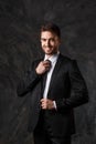 Young man in a black suit on a gray background. Bearded businessman smiling Royalty Free Stock Photo