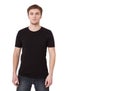 Young man in blank black tshirt isolated on white background. Copy space. Place for advertisement. Front view of T-shirt. Royalty Free Stock Photo
