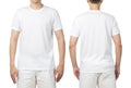Young man in blank white t-shirt mockup front and back used as design template, isolated on white background Royalty Free Stock Photo