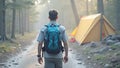 Young man exploring in a forest with his blue backpack while walking through the morning light Royalty Free Stock Photo