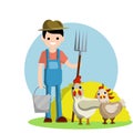 Young man in blue farmer's overalls stands with pitchfork Royalty Free Stock Photo