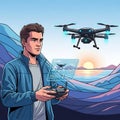 A young man in a blue jacket operates a drone using a remote control with a digital Royalty Free Stock Photo