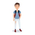 Young man in a blue shirt, ripped jeans standing with a backpack cartoon character vector Illustration