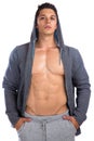 Young man bodybuilder muscular hoodie bodybuilding muscles isolated
