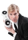 Young man with boombox