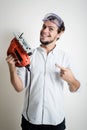 Young man bricolage working with electric saw Royalty Free Stock Photo