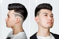 Young man brunette with pompadour volume haircut 50s - 60s. real photo retro hair style for barbershop, side, set Royalty Free Stock Photo