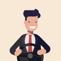 Young man or businessman holding black steering wheel. Concept illustration of a novice driver. Driving instruction by Royalty Free Stock Photo
