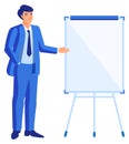 Young man businessman stands at flipchart and shows. Vector cartoon flat