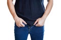 Young man buttoning up jeans on white background,obesity, saggy belly, plus size