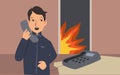 Young man calling for help oh a phone from apartment with fire in it. Fire safety measures. Cartoon vector illustration Royalty Free Stock Photo