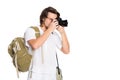 Young man with a camera in beach suit Royalty Free Stock Photo