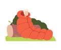 Young Man Camper Sitting in Sleeping Bag Vector Illustration