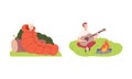 Young Man Camping Sitting in Sleeping Bag and Playing Guitar Near Campfire Vector Illustration Set Royalty Free Stock Photo