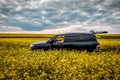 Young man in car in yellow rape field Royalty Free Stock Photo