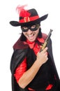 Young man in carnival coat with gun isolated on Royalty Free Stock Photo