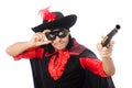 Young man in carnival coat with gun isolated on