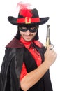 Young man in carnival coat with gun isolated on Royalty Free Stock Photo