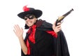 Young man in carnival coat with gun isolated on Royalty Free Stock Photo